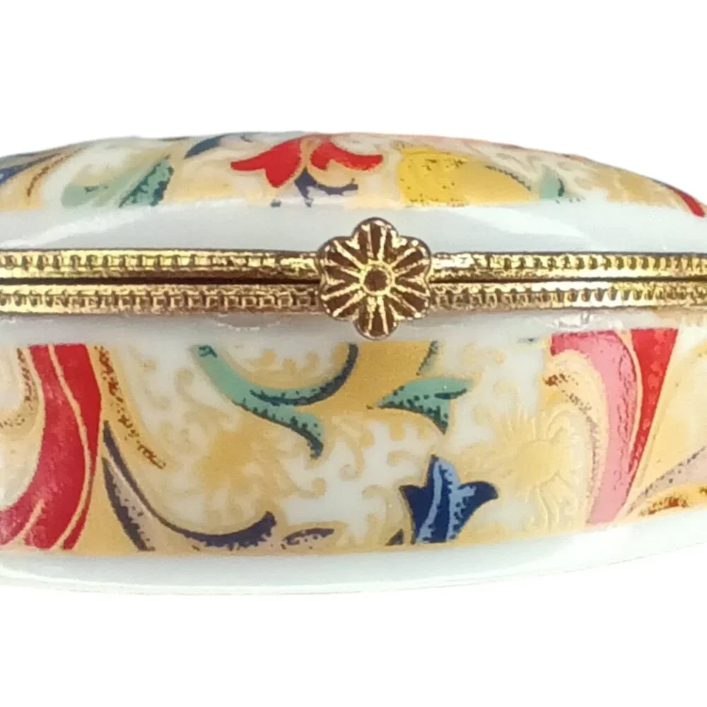Porcelain Floral Paisley Hinged Ceramic Pill Box Trinket Box Red Yellow Gold